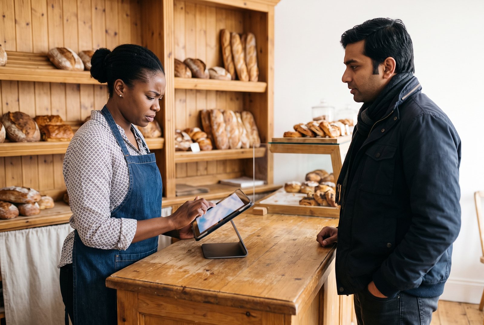 A bakery owner taking an order on a tablet at the counter