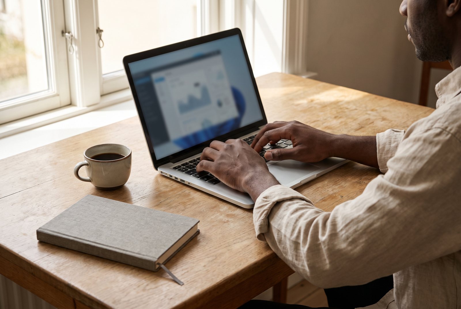One laptop with one tool open on an uncluttered desk