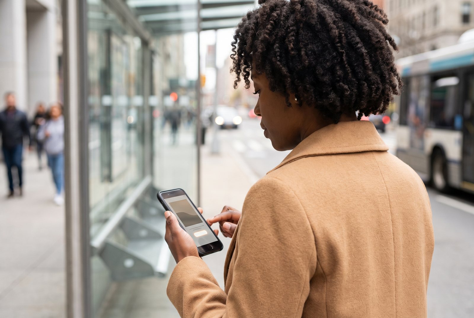 A woman browsing a website on her phone at a bus stop