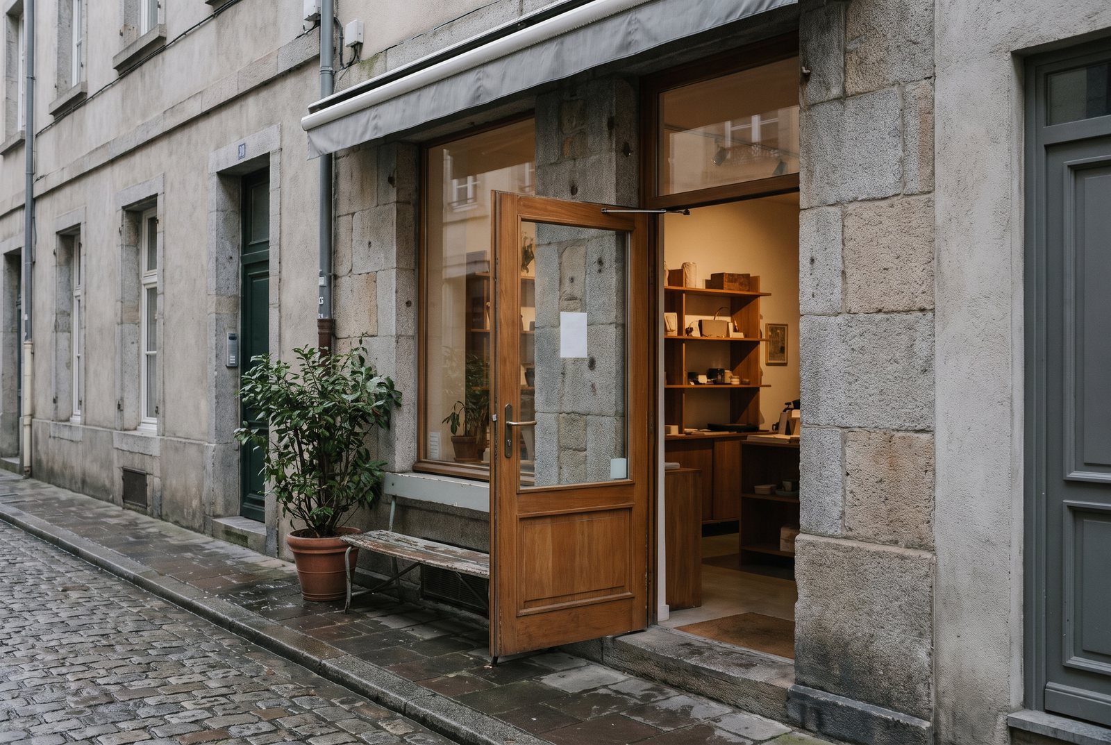 A small shop open on a quiet street with nobody walking past