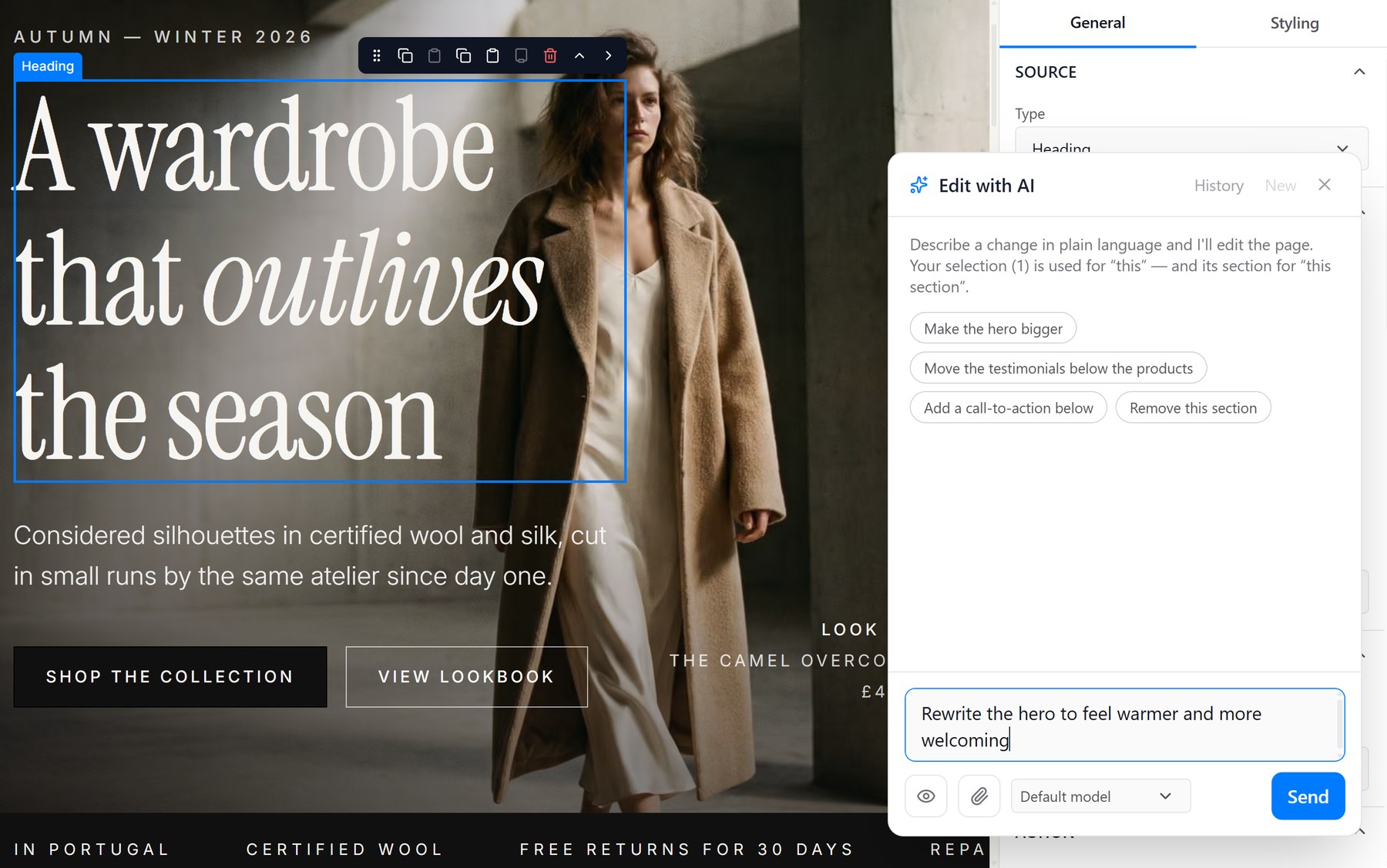 Incep Platform’s page editor with the Edit with AI panel open