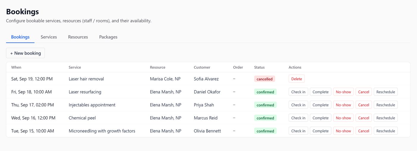 Incep Platform’s bookings manager with confirmed appointments